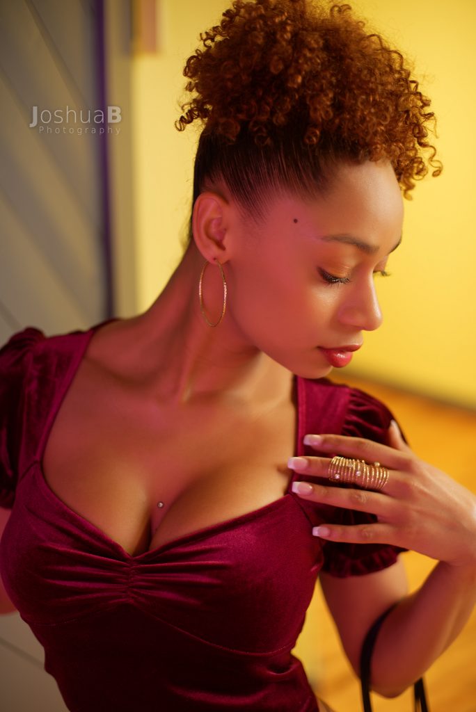 Tysheika Perez model in velvet dress looking over shoulder